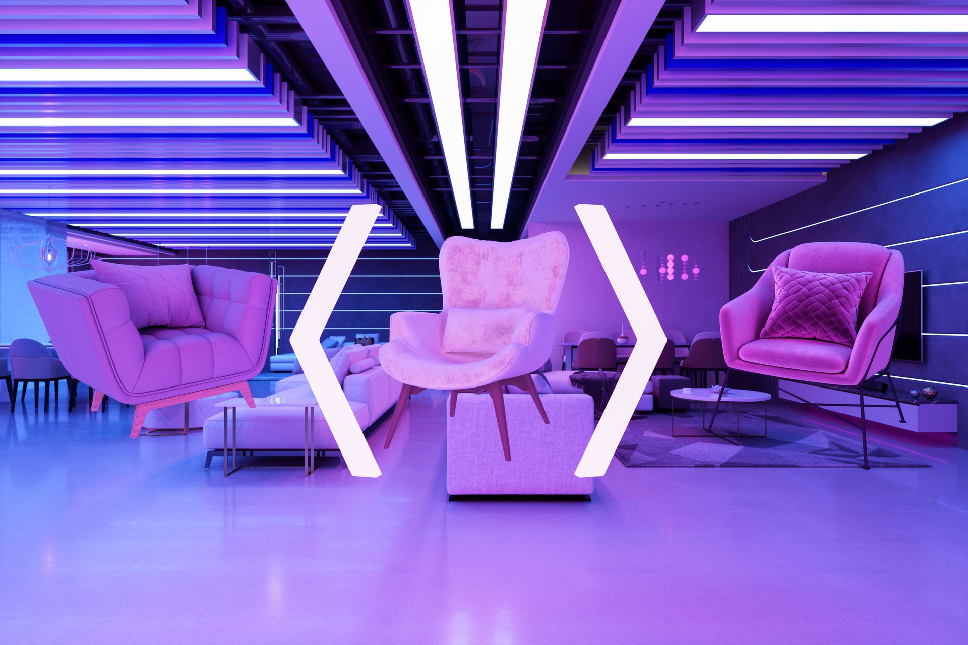 Metaverse And VR Concept. Augmented Reality Shopping In Furniture Showroom With Armchairs, Sofas, Chairs And Neon Lights