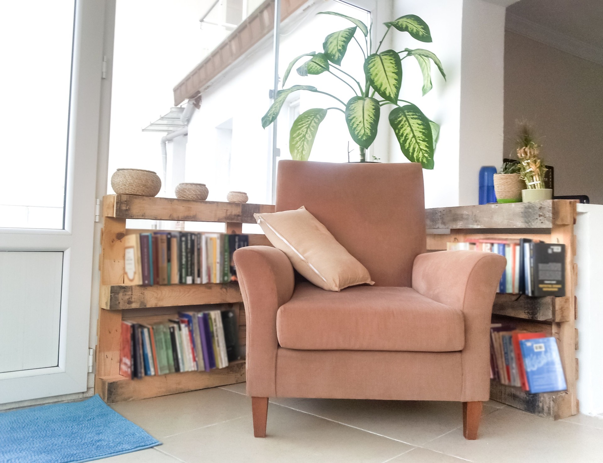 DIY recycle book shelf and reading armchair with rustic design